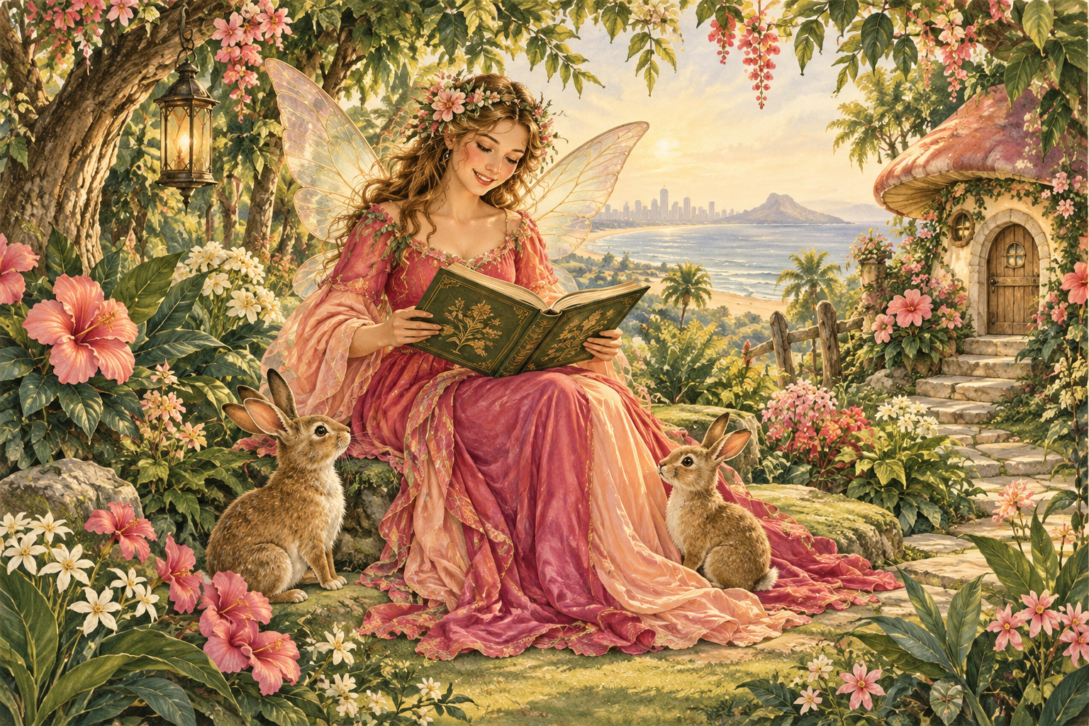 Storybook illustration of a fairy reading in a flower-filled garden with two rabbits
